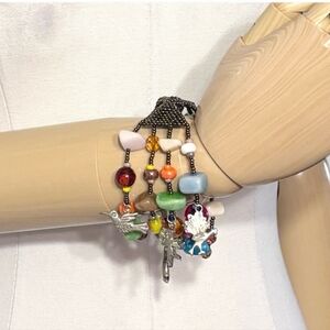 Multi-Strand Charm Bracelet Iridescent Beads, Semi-Precious Gems, & Czech Beads